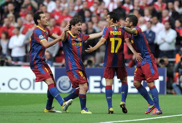 FUSSBALL CHAMPIONSLEAGUE FINALE SAISON 2010 2011 28.05.2011 FC Barcelona - Manchester United FC JUBEL nach dem TOR zum 1:0 Sergio Busquets , Lionel Messi , Pedro Rodriguez (v. li., Barca) 
