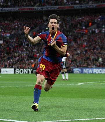 Barcelonas Lionel Messi celebrates scoring his sides second goal UEFA Champions League Final Manchester United v Barcelona 28th May, 2011 EDITORIAL USE ONLY. No use with unauthorised audio, video, data, fixture lists, club league logos or live services. Online in-match use limited to 120 images, no video emulation. No use in betting, games or single club league player publications.