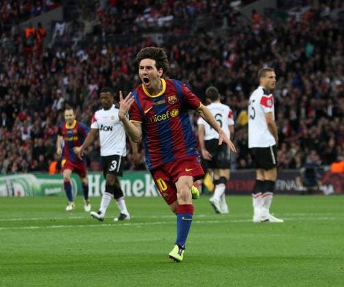 Barcelonas Lionel Messi celebrates scoring his sides second goal UEFA Champions League Final Manchester United v Barcelona 28th May, 2011 EDITORIAL USE ONLY. No use with unauthorised audio, video, data, fixture lists, club league logos or live services. Online in-match use limited to 120 images, no video emulation. No use in betting, games or single club league player publications.