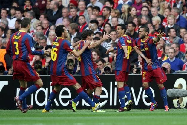 Barcelonas Pedro celebrates scoring his sides opening goal UEFA Champions League Final Manchester United v Barcelona 28th May, 2011 EDITORIAL USE ONLY. No use with unauthorised audio, video, data, fixture lists, club league logos or live services. Online in-match use limited to 120 images, no video emulation. No use in betting, games or single club league player publications.