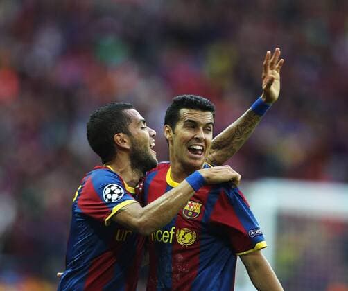 Pedro Rodriguez of Barcelona Celebrates scoring with Daniel Alves UEFA Champions League Final Manchester United v Barcelona 28th May, 2011 EDITORIAL USE ONLY. No use with unauthorised audio, video, data, fixture lists, club league logos or live services. Online in-match use limited to 120 images, no video emulation. No use in betting, games or single club league player publications. Dani