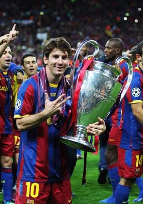 Lionel Messi of Barcelona holds the Champions league trophy UEFA Champions League Final Manchester United v Barcelona 28th May, 2011 EDITORIAL USE ONLY. No use with unauthorised audio, video, data, fixture lists, club league logos or live services. Online in-match use limited to 120 images, no video emulation. No use in betting, games or single club league player publications.
