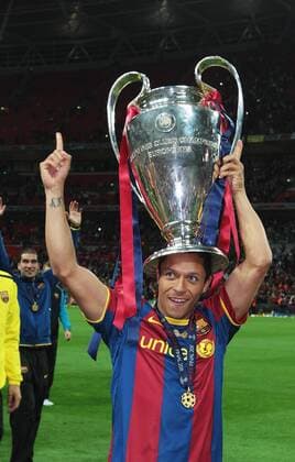 Adriano of Barcelona holds the Champions League Trophy UEFA Champions League Final Manchester United v Barcelona 28th May, 2011 EDITORIAL USE ONLY. No use with unauthorised audio, video, data, fixture lists, club league logos or live services. Online in-match use limited to 120 images, no video emulation. No use in betting, games or single club league player publications.