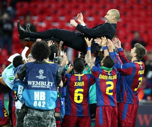 FUSSBALL - CL, Barcelona vs Manchester LONDON,ENGLAND,28.MAI.11 - FUSSBALL - UEFA Champions League, Finale, FC Barcelona vs Manchester United. Bild zeigt den Jubel von Barcelona mit Trainer Josep Pep Guardiola (Barcelona). 