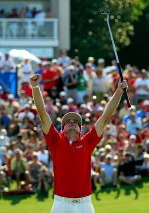 29 MAY 2011: Keegan Bradley celebrates his win in the playoff during the final round of the HP Byron Nelson Championship played at TPC Las Colinas Four Season Resort in Irving, TX. PGA Golf Herren MAY 29 HP Byron Nelson Championship - Final Round Icon1105290204 EDITORIAL USE ONLY