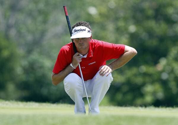 29 MAY 2011: Keegan Bradley lines up his putt on 9 during the final round of the HP Byron Nelson Championship played at TPC Las Colinas Four Season Resort in Irving, TX. PGA Golf Herren MAY 29 HP Byron Nelson Championship - Final Round Icon1105290352 EDITORIAL USE ONLY