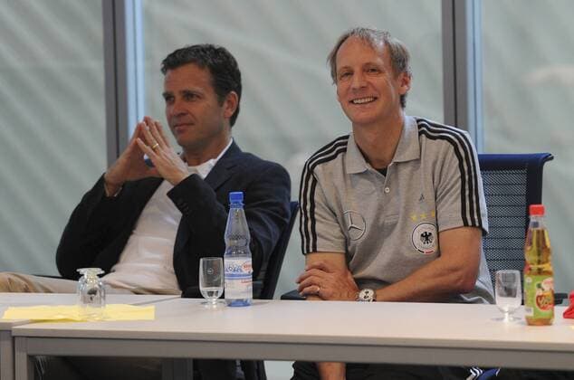 Im Schulungsraum: Dr. Hans-Dieter Hermann und Oliver BIERHOFF (Deutschland Manager Nationalmannschaft) l. Die deutsche Fussball-Nationalmannschaft beim Lufthansa Flight Training Center am Flughafen Frankfurt. Fussball: Vorbereitung der deutschen Fussball Nationalmannschaft der Männer in Frankfurt Main, 31.05.2011. Football Soccer: DFB- Preparation Practice national Football-Team Germany Men in Frankfurt Main , Germany, May 31, 2011. quer,Herren,DFB,Nationalmannschaft