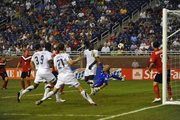 June 7, 2011 - Detroit, MI Canada goalkeeper Lars Hirschfeld (1) goes airborne trying to make the save on this close shot by United States defender Carlos Bocanegra (3) in the first half of the CONCACAF Gold Cup First Round game on Tuesday evening at Ford Field, Detroit, Michigan. USA v Canada SOCCER: JUN 07 CONCACAF Gold Cup - First Round - USA v Canada Icon2581106070016 EDITORIAL USE ONLY