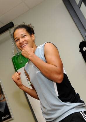 FRANKFURT AM MAIN, GERMANY - JUNE 13: Celia Okoyiono da Mbabi of German National Football Team is boxing during a Germany training session at Fitness First club on June 13, 2011 in Frankfurt am Main, Germany. 