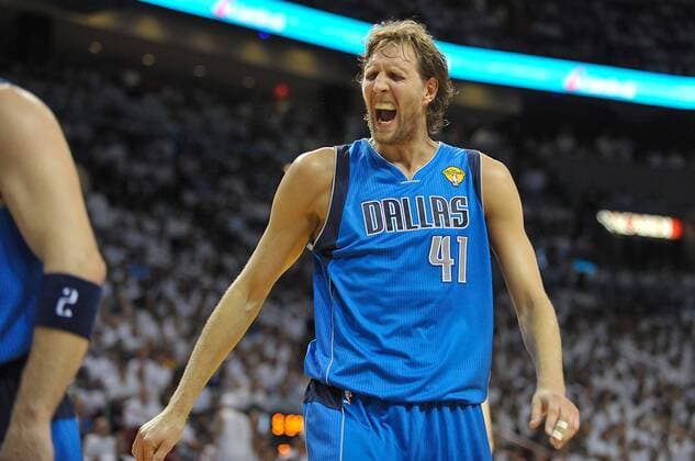 June 12, 2011 - Miami, FL - Florida, USA - United States - FL-nba-finals-game-6-laughlin. Dirk Nowitzki is not happy about a foul called against him in the third quarter. Game 6 of the NBA Basketball Herren USA Finals between the Miami Heat and the Dallas Mavericks at the AmericanAirlines Arena in Miami, Fl. : S-S1106122226068672 NBA Basketball Herren USA finals, heat, miami, dallas, mavericks - ZUMAss5