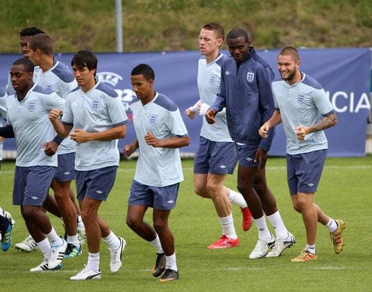 Englands Fabrice Muamba shares a joke with Henri Lansbury Training Training - England U21 14th June, 2011 EDITORIAL USE ONLY. No use with unauthorised audio, video, data, fixture lists, club league logos or live services. Online in-match use limited to 120 images, no video emulation. No use in betting, games or single club league player publications.