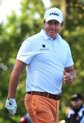 Phil Mickelson gives a thumbs-up to the gallery after hitting off of the 4th tee box during a practice round prior to the U.S. Open at Congressional Country Club in Bethesda, Maryland on June 14, 2011.  WAP20110614301