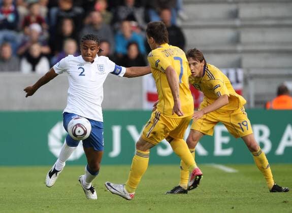 Ukraines Yevhen Konoplyanka tussles with Englands Michael Mancienne UEFA U21 2011 Championship Group B Ukraine U21 v England U21 15th June, 2011 EDITORIAL USE ONLY. No use with unauthorised audio, video, data, fixture lists, club league logos or live services. Online in-match use limited to 120 images, no video emulation. No use in betting, games or single club league player publications.