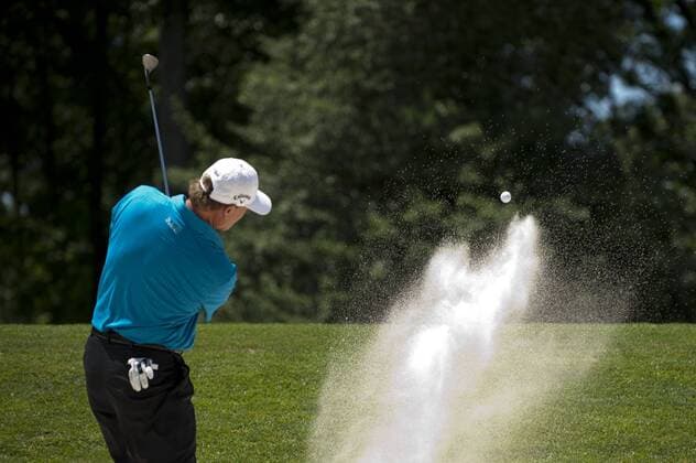 June 15, 2011 - Bethesda, Maryland, U.S. - ERNIE ELS plays a practice bunker shot on the 12th hole during his practice round at the U.S. Open in Bethesda, MD on Wednesday. The first round of the second major championship of the season begins Thursday. Golf 2011- U.S. Open Wed. Practice Round - ZUMAmv2