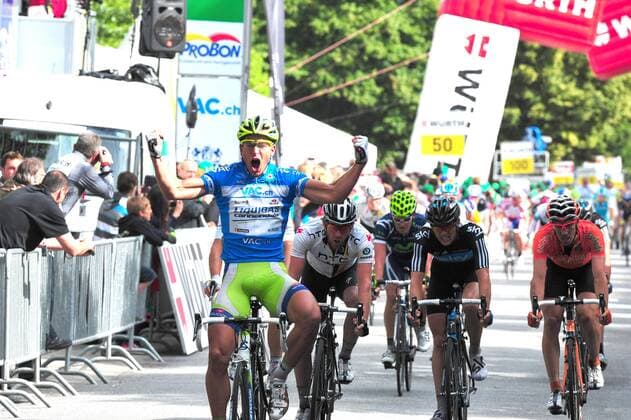 Tour de Suisse, 8. Etappe, Tubach - Schaffhausen --- Etappensiger Peter Sagan (Liquigas Cannondale), Matthew Goss (HTC High Road), Ben Swift (Team Sky), Koldo Fernandez (Euskaltel), Jose Joaquin Rojas Gil (Movistar) 