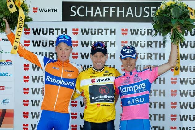Podium - Gesamtwertung - Siegerehrung v.l.n.r. - 3. Steven KRUIJSWIJK ( NED Rabobank Cycling Team ) - 1. Levi LEIPHEIMER ( USA Team RadioShack ) - 2. Damiano CUNEGO ( ITA Lampre - ISD ) - Event: Tour de Suisse - Tour of Switzerland 2011 - 9.Etappe - Schaffhausen nach Schaffhausen I.T.T. Einzelzeitfahren - 32.1 km - Location: Schaffhausen - Schweiz - Europa - Datum: 19.06.2011 - Contact