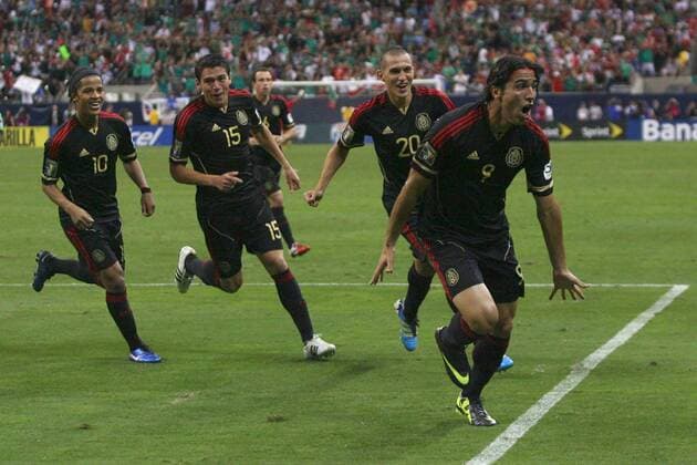 June 22, 2011 - Houston, Texas, U.S - Mexico Attacker A. De Nigris (9) celebrates after scoring on a header shot in the first overtime period. Mexico defeated Honduras 2 - 0 in overtime in the CONCACAF Gold Cup Semifinals 2011 at Reliant Stadium in Houston, Texas. Gold Cup 2011 - June 22 - Mexico beat Honduras in overtime 2- 0. - ZUMAq33
