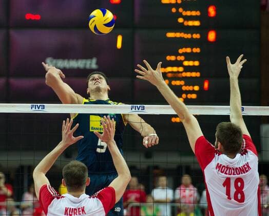 29.06.2011 - Katowice , FIVB World League 2011 , Poland (white) vs. Brasil (green) - Bartosz Kurek , Sidao , Marcin Mozdzonek -  110629PAL044