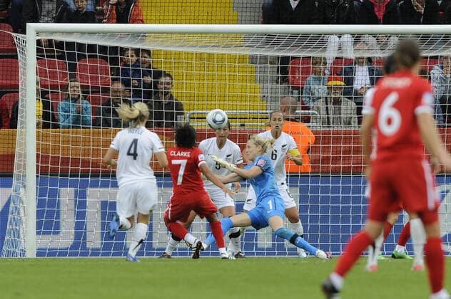 Jessica CLARKE (ENG) schießt das Tor zum 2-1 gegen Jenny BINDON ,Torfrau,Torwart (NZL), Abby ERCEG (NZL) und Rebecca SMITH (NZL,re). Neuseeland (NZL)-England (ENG) ,Vorrunde,Spiel12,Gruppe B am 01.07.2011 in Dresden,Fussball Frauen Weltmeisterschaft 2011 in Deutschland vom 26.06. - 17.07.2011