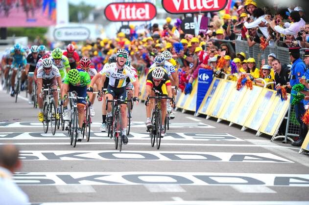 2011, Tour de France, tappa 05 Carhaix - Cap Frehel, Htc - High Road 2011, Omega Pharma-Lotto 2011, Movistar 2011, Etappensieger Mark Cavendish (2R) vor Philippe Gilbert (R) und Jose Joaquin Rojas Gil 