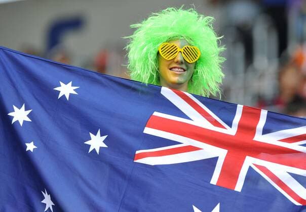 AUGSBURG, July 10, 2011 - An australian supporter cheers prior to the quarter-final at the FIFA Women s World Cup 2011 in Augsburg, on July 10, 2011.  o0 fan Fahne, Landesfahne Perücke Kopfbedeckung Brille