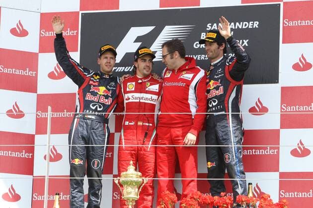 formula 1 GP, Great Britain in Silverstone 10.07.11, Sebastian Vettel, Red Bull Racing, Fernando Alonso, Scuderia Ferrari, Stefano Domenicali, Teamchef, Ferrari, Mark Webber, Red Bull Racing, Podium,