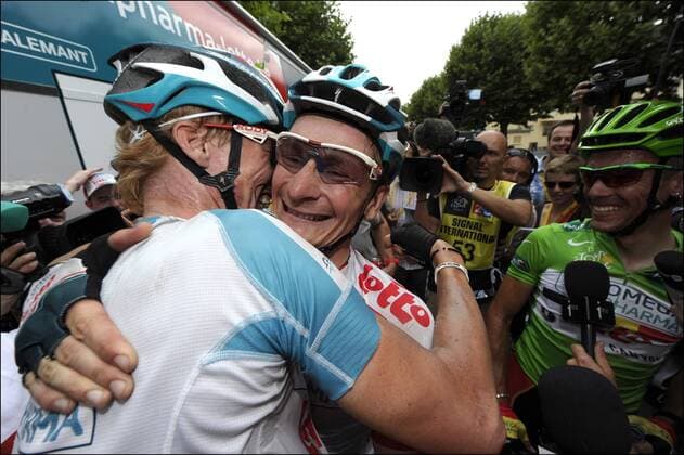 Marcel SIEBERG (ALL OMEGA PHARMA - LOTTO) - Andre GREIPEL (ALL OMEGA PHARMA - LOTTO) - Philippe GILBERT (BEL OMEGA PHARMA - LOTTO) Cyclisme : Tour De France - Etape 10 - Aurillac - Carmaux - 12.07.2011 - PhotoNews Panoramic  o0 Etappensieger