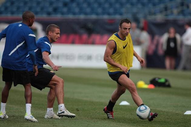 12 JUL 2011: Manchester United s Dimitar Berbatov (9) watched by Manchester United s Nemanja Vidic (15). Manchester United practiced at Gillette Stadium in Foxborough, Massachusetts on July 12, 2011 as part of the Herbalife World Football Challenge. SOCCER: JUL 12 World Football Challenge - Manchester United Practice Icon482110712109 EDITORIAL USE ONLY