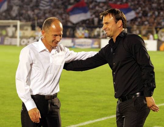 Belgrade, FK Partizan-KF Shkendija 79 Uefa champions league second qualifying round Aleksandar Stanojevic(r) FK Partizan coach and Qatip Osmani(L) KF Shkendija coach :  FK Skendija Tetovo (Mazedonien)