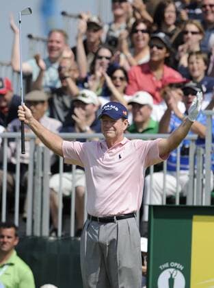 American Tom Watson celebrates a hole in one on the 6th hole on the second day of the 140th Open Championship at Royal St Georges Golf club in Sandwich,England on Friday, July 15, 2011.  LON2011071503