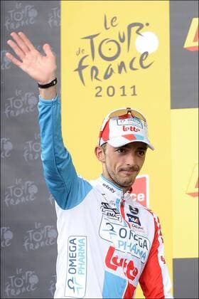 Etappensieger Jelle VANENDERT (OMEGA PHARMA - LOTTO - BEL) Cyclisme : Tour De France - Etappe 14 - Saint-Gaudens - Plateau de Beille - 16.07.2011 - PhotoXNews  o0 Siegerehrung Schriftzug Logo Emblem