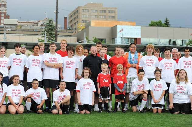 July 19, 2011 - Seattle, Washington, United States of America - Group photo of Manchester United Football Club and Special Olympics Washington host a Skills and Drills soccer clinic for Special Olympics athletes. US Tour 2011 - Jul 19 - Manchester United Special Olympics Event - ZUMAy31