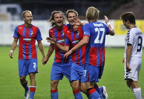 Players of Viktoria Pilsen celebrate scoring goal in Champions League 2. qualification match against Pyunik Yerevan on July 19, 2011 in Pilsen, Czech Republic. (CTKxPhoto PetrxEret)  CTKPhoto7201107190969901