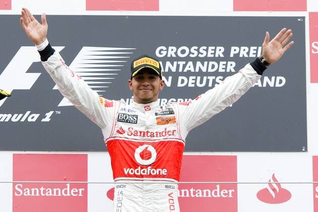 Lewis HAMILTON (GBR), McLaren Mercedes, jubelt ueber seien Sieg, erster, Jubel, jubeln, Freude, halbe Figur, Halbfigur, Gestik, Geste, Querformat, Siegerehrung Rennen am 23.07.2011 Formel 1, Grosser Preis von Deutschland am Nürburgring vom 21.7. - 24.07. 2011, Saison2011,