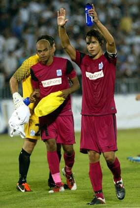 Belgrade - FK Partizan Belgrad - KRC Genk - Uefa champions league qualifying third leg - David Hubert (R) with Marvin Ogunjimi (L) KRC Genk celebrate victory after match -