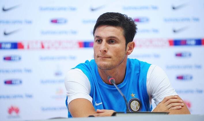 Javier Zanetti of Inter Milan talks to the media at a press conference ahead of team s training session at China National Stadium, also known as the Bird s Nest , on August 4, 2011 in Beijing  CFP419997827 