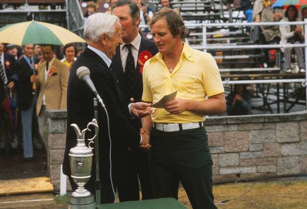 Golf - The Open Championship The Presentation : Jack Newton (USA) receives his runners up Cheque after his play off round , after tieing the day before with Tom Watson. British Open Golf Championships 1975 Carnoustie . 12 07 1975 