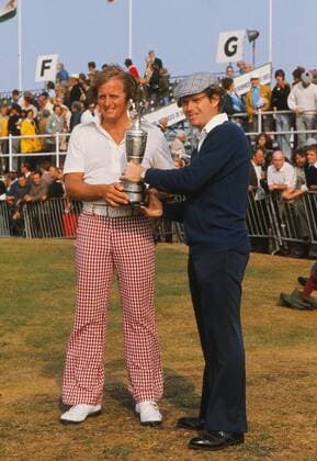 Golf - The Open Championship Tom Watson and Jack Newton (USA) pose with the Open trophy before their playoff round , after tieing the day before. British Open Golf Championships 1975 Carnoustie. 12 07 1975  Sieg Pokal Trophäe Objekte Claret Jug