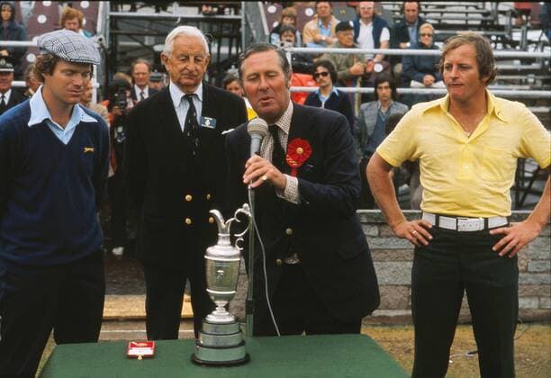 Golf - The Open Championship The Presentation : Tom Watson (Winner) and Jack Newton (USA) after their play off round, after tieing the day before. British Open Golf Championships 1975 Carnoustie. 12 07 1975  Sieg Pokal Trophäe Objekte Claret Jug Siegerehrung