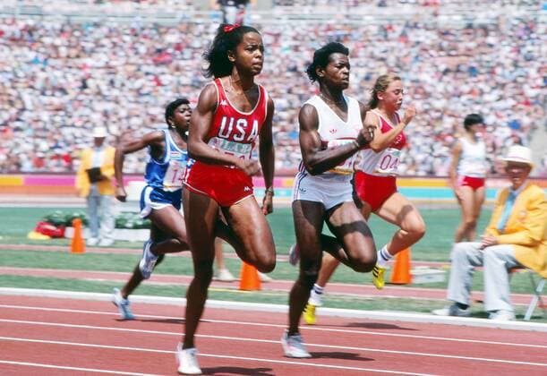 Evelyn Ashford (USA) Heather Hunte (GBR) Womens 100m Los Angeles Olympics 1984  Aktion Damen