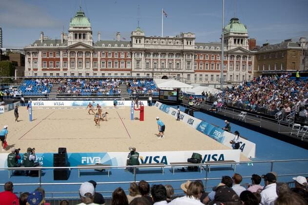 10.08.2011 A general view of action during the FIVB International Beach Volleyball tournament, part of the London prepares (LOCOG) 2012 Olympic test events held at Horse Guards Parade, Westminster, London. xMitchellxGunnx  ActionPlus11200061 Content restricted for UK based newspaper