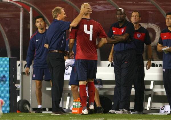 August 10 2011: Jurgen Klinsmann, new coach of the USA MNT with Michael Bradley during his first game in charge against Mexico at Lincoln Financial Field, in Philadelphia, Pennsylvania. SOCCER: AUG10 Mexico at USA Icon25511081022 EDITORIAL USE ONLY