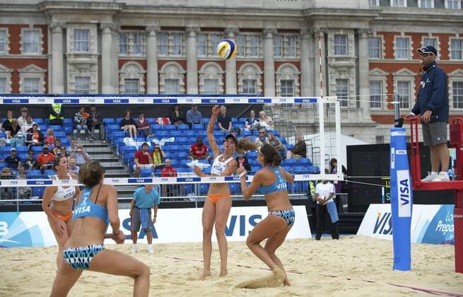 11.8.11 11.08.2011. London, England. LOCOG Test Events for London 2012 Olympic Games. Margo Wiltens of Holland serves during the VISA FIVB Beach Volleyball International at Horse Guards Parade on August 11, 2011 in London, England. xMichaelxPalerx  ActionPlus11200492 Content restricted for UK based newspaper