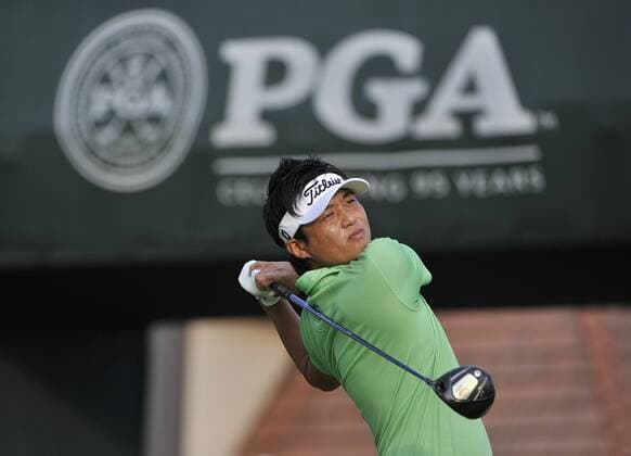 Ryuji Imada of Japan hits his tee shot on the 1st hole during the second round of the 93rd PGA Golf Herren Championship at the Atlanta Athletic Club on August 12, 2011 in Johns Creek, Georgia.  BKX2011081215