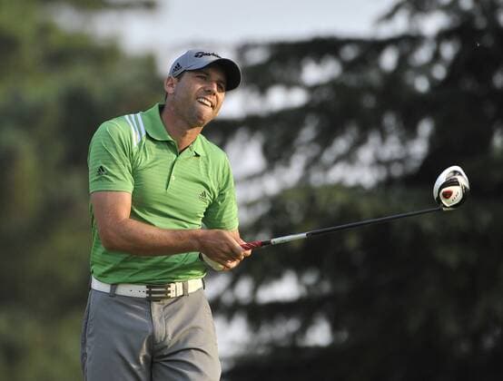Sergio Garcia of Spain watches his tee shot on the 10th hole during the second round of the 93rd PGA Golf Herren Championship at the Atlanta Athletic Club on August 12, 2011 in Johns Creek, Georgia.  BKX2011081223