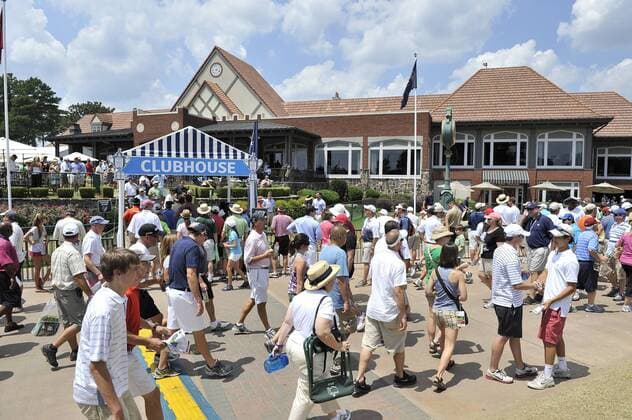 Fans walk by the clubhouse during the second round of the 93rd PGA Golf Herren Championship at the Atlanta Athletic Club on August 12, 2011 in Johns Creek, Georgia.  BKX20110812103