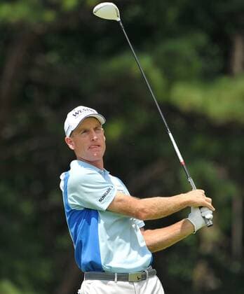 Jim Furyk watches his tee shot on the 2nd hole during the third round of the 93rd PGA Golf Herren Championship at the Atlanta Athletic Club on August 13, 2011 in Johns Creek, Georgia.  BKX2011081319