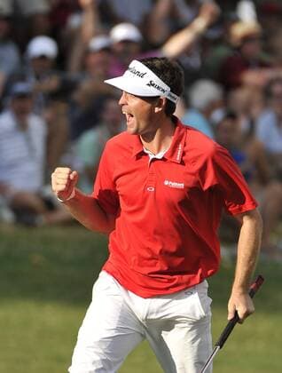 Keegan Bradley reacts after sinking a birdie on the 17th hole during the final round of the 93rd PGA Golf Herren Championship at the Atlanta Athletic Club on August 14, 2011 in Johns Creek, Georgia.  BKX2011081419