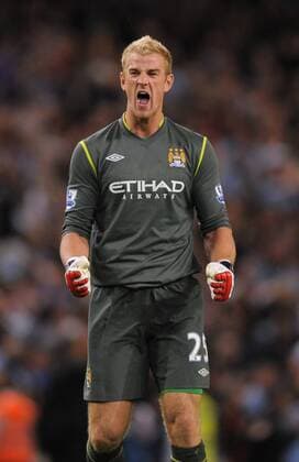 Joe Hart of Manchester City celebrates the first goal Barclays Premier League Manchester City v Swansea City 15th August, 2011 EDITORIAL USE ONLY. No use with unauthorised audio, video, data, fixture lists, club league logos or live services. Online in-match use limited to 120 images, no video emulation. No use in betting, games or single club league player publications.