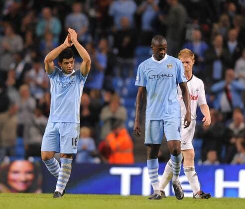 Sergio Aguero of Manchester City acknowledges the crowd after his second goal Barclays Premier League Manchester City v Swansea City 15th August, 2011 EDITORIAL USE ONLY. No use with unauthorised audio, video, data, fixture lists, club league logos or live services. Online in-match use limited to 120 images, no video emulation. No use in betting, games or single club league player publications.